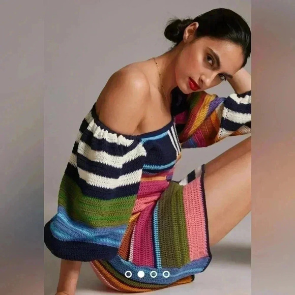 Anthropologie Farm Rio Stripe Mini Dress Crochet Knit Puff Sweater Chunky S $265 - Picture 4 of 12